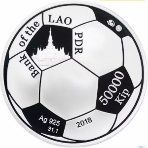 Аверс монеты Лаос, 50.000 кипов, 2018, Китайский гороскоп - год собаки, футбол