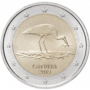 Аверс монеты Латвия, 2 евро, 2015, Вымирающие виды - Чёрный аист