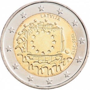 Аверс монеты Латвия, 2 евро, 2015, 30 лет флагу Европейского союза