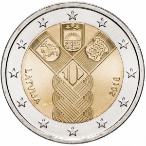 Аверс монеты Латвия, 2 евро, 2018, 100 лет государствам Балтики