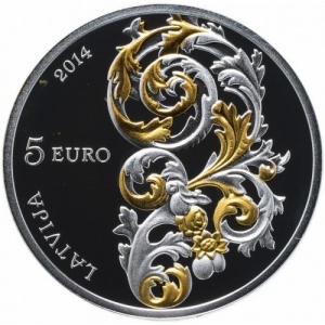 Аверс монеты Латвия, 5 евро, 2014, Курляндское барокко