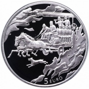Реверс монеты Латвия, 5 евро, 2015, 150 лет пожарной службе
