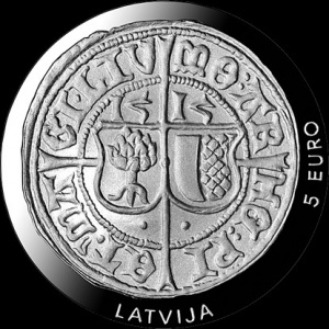 Аверс монеты Латвия, 5 евро, 2015, 500 лет ливонскому фердингу