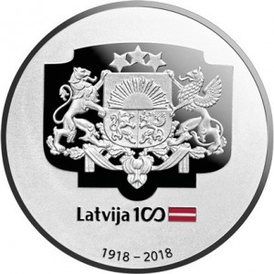 Аверс монеты Латвия, 5 евро, 2018, Гербы