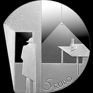 Реверс монеты Латвия, 5 евро, 2019, Никлав Струнке - Человек входит в комнату