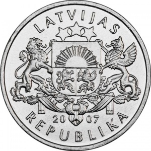 Аверс монеты Латвия, 1 лат, 2007, Стилизированая сова