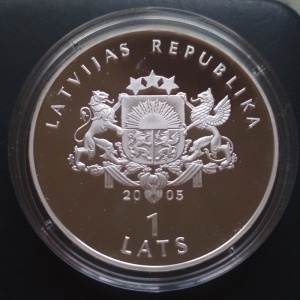 Аверс монеты Латвия, 1 лат, 2005, Чемпионат мира по хоккею - Рига 2006