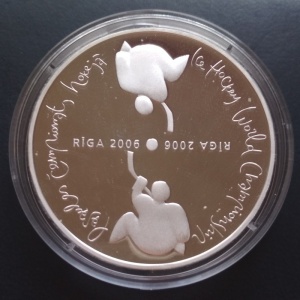 Реверс монеты Латвия, 1 лат, 2005, Чемпионат мира по хоккею - Рига 2006