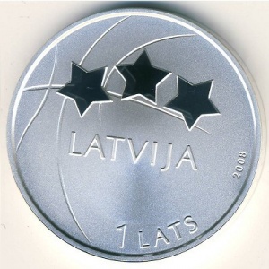 Аверс монеты Латвия, 1 лат, 2008, Баскетбол