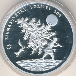 Аверс монеты Латвия, 1 лат, 2009, Рождественская елка