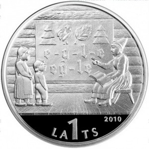 Аверс монеты Латвия, 1 лат, 2010, Латвийский букварь