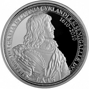 Аверс монеты Латвия, 1 лат, 2010, 400 лет со дня рождения Герцога Якоба