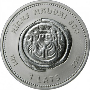 Аверс монеты Латвия, 1 лат, 2011, 800 лет праву чеканки в Риге