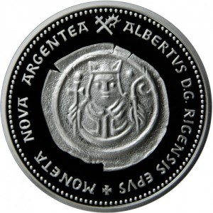 Реверс монеты Латвия, 1 лат, 2011, 800 лет праву чеканки в Риге