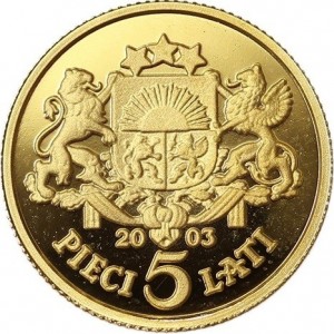 Реверс монеты Латвия, 5 латов, 2003, 10 лет новому лату