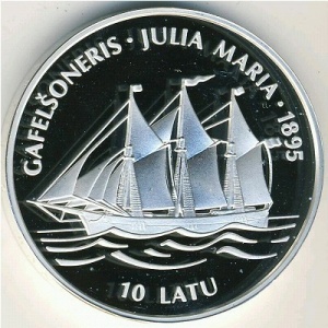 Реверс монеты Латвия, 10 латов, 1995, Военно-морская история - Парусник "Юлия Мария"