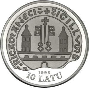 Аверс монеты Латвия, 10 латов, 1995, 800 лет Риге - XIII век
