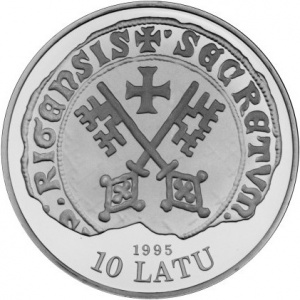 Аверс монеты Латвия, 10 латов, 1995, 800 лет Риге - XIV век