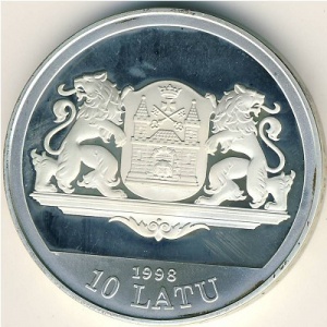 Аверс монеты Латвия, 10 латов, 1998, 800 лет Риге - XX век