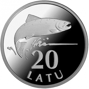 Реверс монеты Латвия, 20 латов, 2013, Серебряный лосось