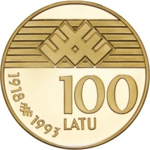 Реверс монеты Латвия, 100 латов, 1993, 75 лет Латвийской республике