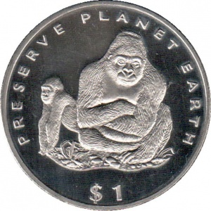 Реверс монеты Либерия, 1 доллар, 1994, Сохраним планету Земля - Горилла
