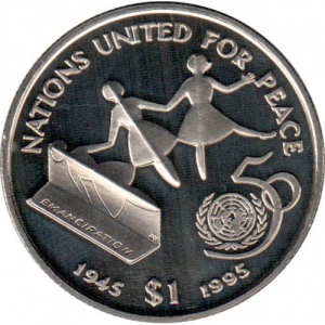 Реверс монеты Либерия, 1 доллар, 1995, 50 лет ООН