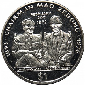 Реверс монеты Либерия, 1 доллар, 1996, Китайские лидеры - Мао Цзэдун /Мао Цзэдун и Ричард Никсон/