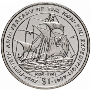 Реверс монеты Либерия, 1 доллар, 1997, 50 лет экспедиции Кон-Тики