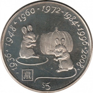 Реверс монеты Либерия, 5 долларов, 2000, Миллениум - Год крысы