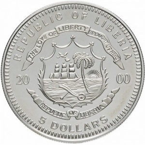 Аверс монеты Либерия, 5 долларов, 2000, Первый человек на Луне /Ø 40 мм/