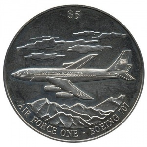 Реверс монеты Либерия, 5 долларов, 2000, Борт № 1 - Boeing 707 /Номинал над самолетом/