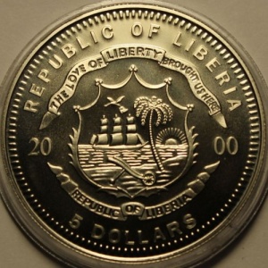 Аверс монеты Либерия, 5 долларов, 2000, Свобода озаряющая мир