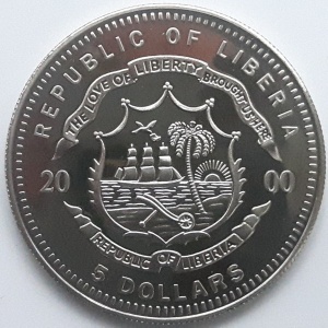 Аверс монеты Либерия, 5 долларов, 2000, USS Nimitz - CVN 68