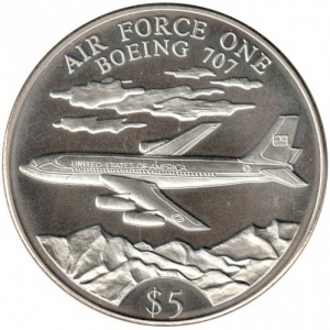 Реверс монеты Либерия, 5 долларов, 2000, Борт № 1 - Boeing 707 /Номинал под самолетом/