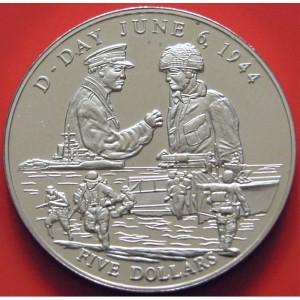 Реверс монеты Либерия, 5 долларов, 2001, Высадка в Нормандии