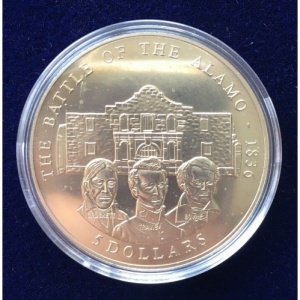Реверс монеты Либерия, 5 долларов, 2001, Защита миссии Аламо /Три мужчины/