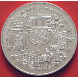 Реверс монеты Либерия, 5 долларов, 2002, Новая европейская валюта /диаметр 33мм/