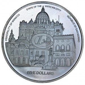 Реверс монеты Либерия, 5 долларов, 2003, Введение Евро в Монако, Ватикане и Сан-Марино