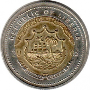 Аверс монеты Либерия, 5 долларов, 2005, XX Всемирный день молодежи