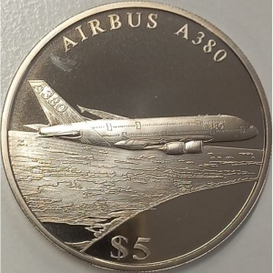 Реверс монеты Либерия, 5 долларов, 2005, Аэробус А380