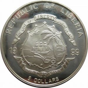 Аверс монеты Либерия, 5 долларов, 1999, Джеймс Кук