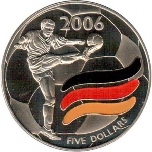 Реверс монеты Либерия, 5 долларов, 2003-2006, Чемпионат мира по футболу 2006 - Германия