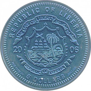Аверс монеты Либерия, 5 долларов, 2005, Латвия