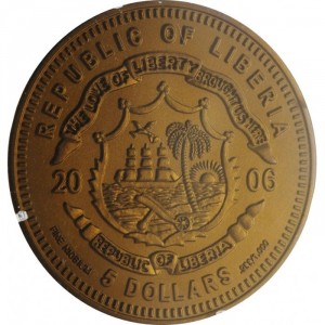Аверс монеты Либерия, 5 долларов, 2006, История зимних видов спорта - Бобслей