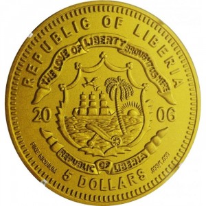 Аверс монеты Либерия, 5 долларов, 2006, История зимних видов спорта - Прыжки на лыжах с трамплина