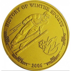 Реверс монеты Либерия, 5 долларов, 2006, История зимних видов спорта - Прыжки на лыжах с трамплина