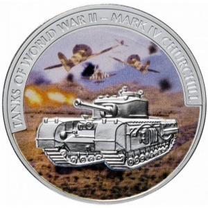 Реверс монеты Либерия, 5 долларов, 2008, Танки Второй мировой войны - Черчилль