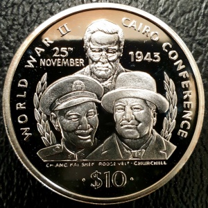 Реверс монеты Либерия, 10 долларов, 1995, Вторая мировая война - Первая Каирская конференция