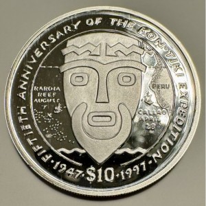 Реверс монеты Либерия, 10 долларов, 1997, 50 лет экспедиции Кон-Тики